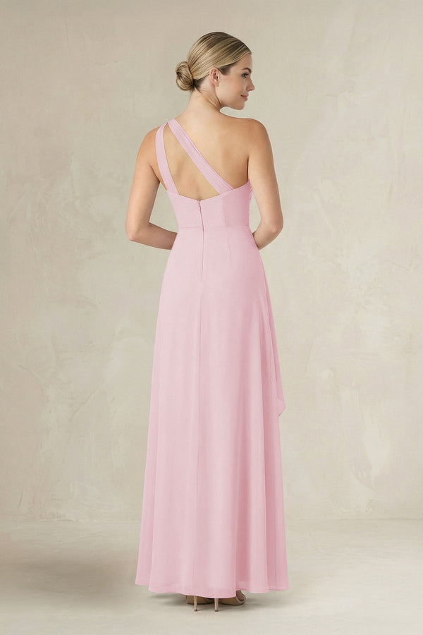 One - Shoulder Sheath Ruched Ruffled Bridesmaid Dress in Candy Pink - KissProm Bridesmaid Dresses