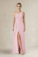 One - Shoulder Sheath Ruched Ruffled Bridesmaid Dress in Candy Pink - KissProm Bridesmaid Dresses