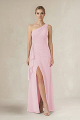 One - Shoulder Sheath Ruched Ruffled Bridesmaid Dress in Candy Pink - KissProm Bridesmaid Dresses
