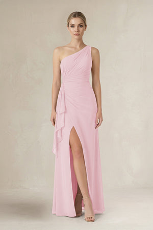 One - Shoulder Sheath Ruched Ruffled Bridesmaid Dress in Candy Pink - KissProm Bridesmaid Dresses