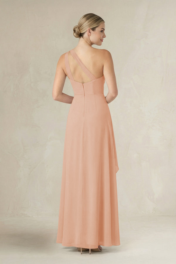 One - Shoulder Sheath Ruched Ruffled Bridesmaid Dress in Champagne Rose - KissProm Bridesmaid Dresses