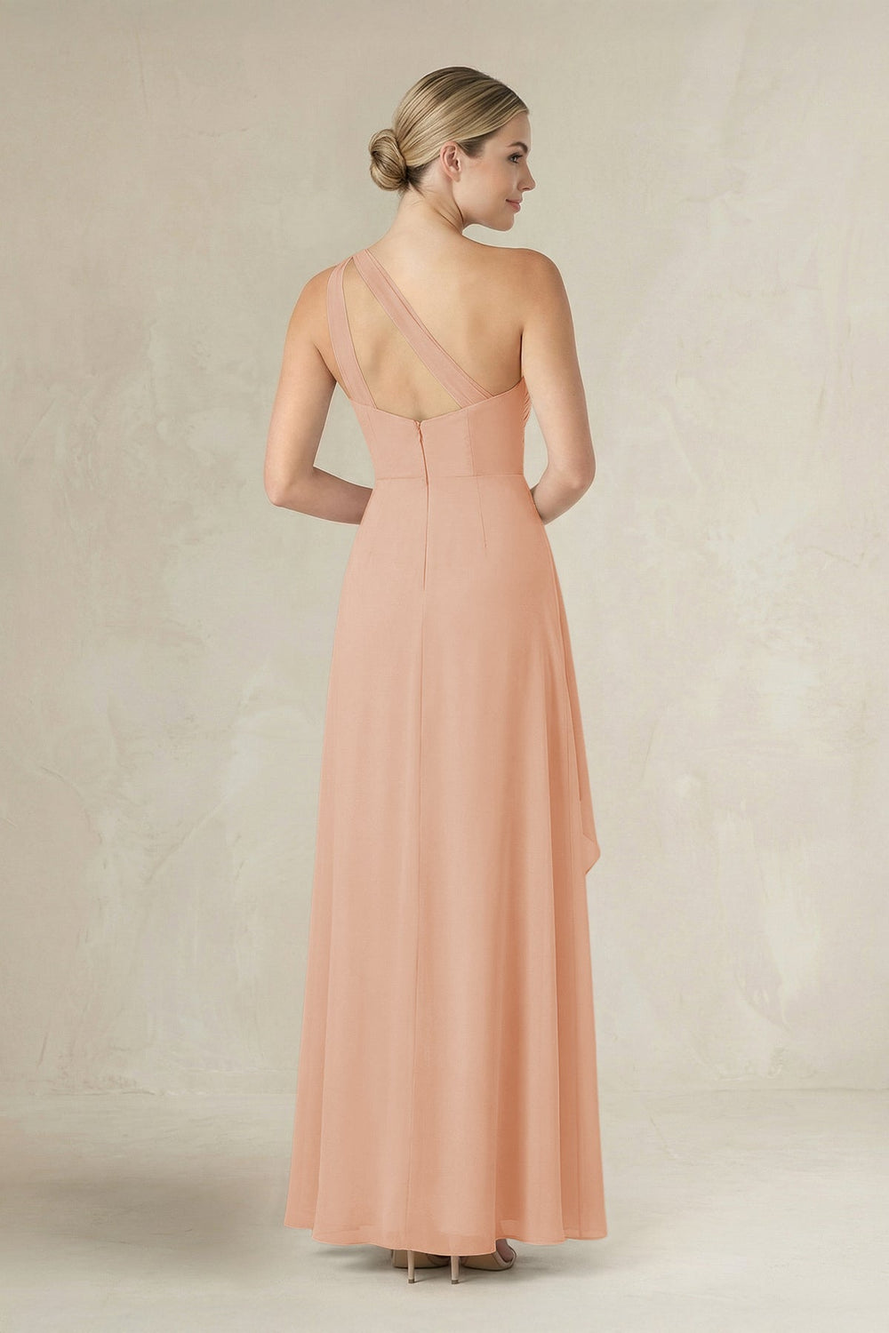 One - Shoulder Sheath Ruched Ruffled Bridesmaid Dress in Champagne Rose - KissProm Bridesmaid Dresses