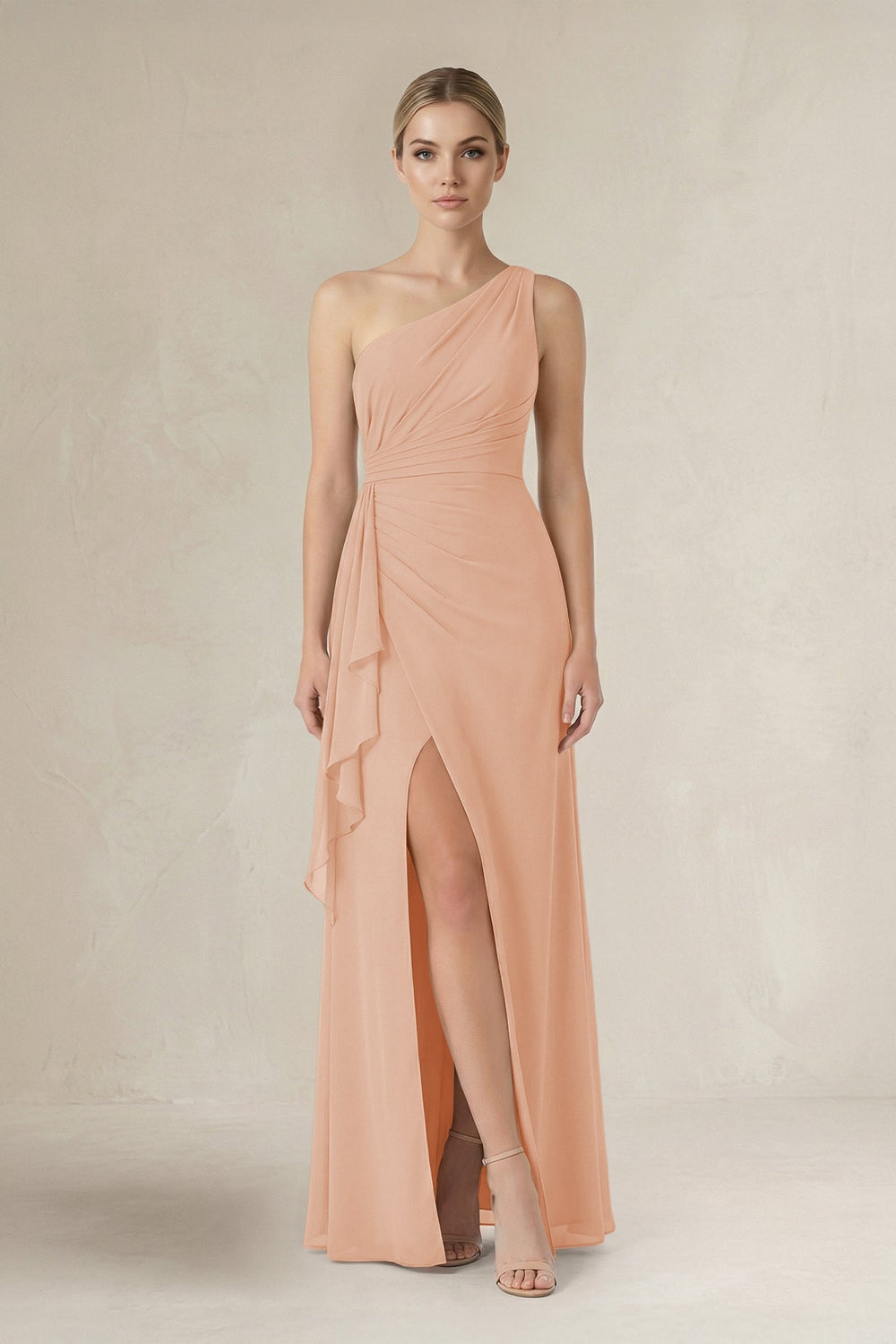 One - Shoulder Sheath Ruched Ruffled Bridesmaid Dress in Champagne Rose - KissProm Bridesmaid Dresses