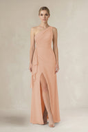 One - Shoulder Sheath Ruched Ruffled Bridesmaid Dress in Champagne Rose - KissProm Bridesmaid Dresses