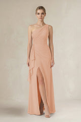 One - Shoulder Sheath Ruched Ruffled Bridesmaid Dress in Champagne Rose - KissProm Bridesmaid Dresses
