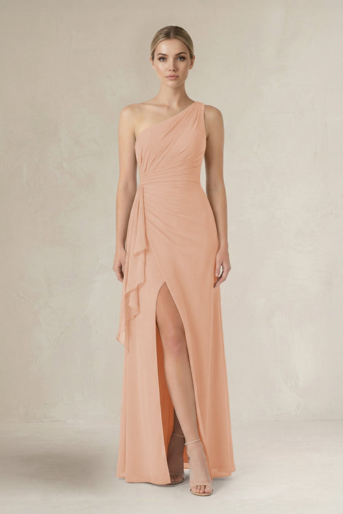 One - Shoulder Sheath Ruched Ruffled Bridesmaid Dress in Champagne Rose - KissProm Bridesmaid Dresses