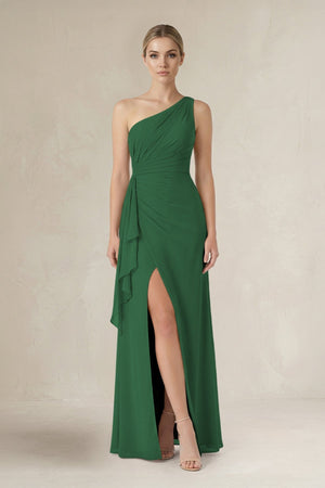 One - Shoulder Sheath Ruched Ruffled Bridesmaid Dress in Dark Green - KissProm Bridesmaid Dresses