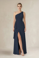 One - Shoulder Sheath Ruched Ruffled Bridesmaid Dress in Dark Navy - KissProm Bridesmaid Dresses