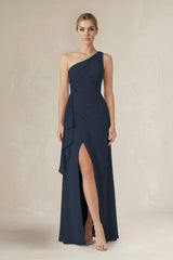 One - Shoulder Sheath Ruched Ruffled Bridesmaid Dress in Dark Navy - KissProm Bridesmaid Dresses