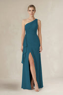One - Shoulder Sheath Ruched Ruffled Bridesmaid Dress in Dark Teal - KissProm Bridesmaid Dresses