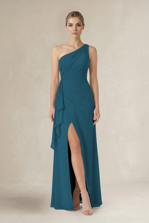 One - Shoulder Sheath Ruched Ruffled Bridesmaid Dress in Dark Teal - KissProm Bridesmaid Dresses