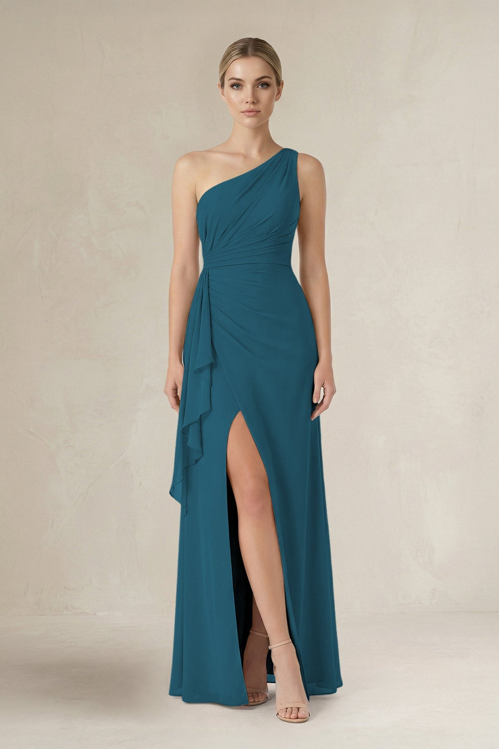 One - Shoulder Sheath Ruched Ruffled Bridesmaid Dress in Dark Teal - KissProm Bridesmaid Dresses