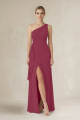 One - Shoulder Sheath Ruched Ruffled Bridesmaid Dress in Desert Rose - KissProm Bridesmaid Dresses