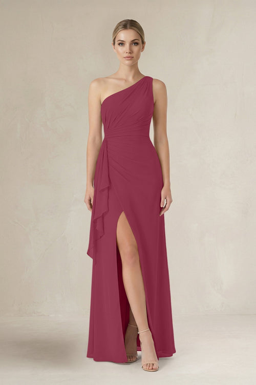 One - Shoulder Sheath Ruched Ruffled Bridesmaid Dress in Desert Rose - KissProm Bridesmaid Dresses