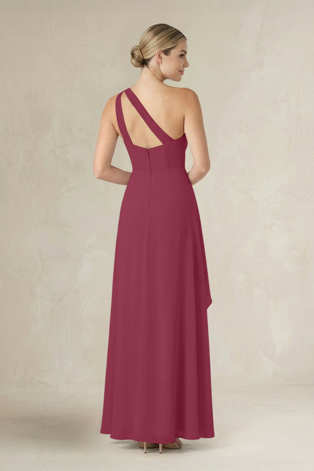One - Shoulder Sheath Ruched Ruffled Bridesmaid Dress in Desert Rose - KissProm Bridesmaid Dresses