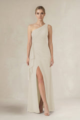 One - Shoulder Sheath Ruched Ruffled Bridesmaid Dress in Dove Gray - KissProm Bridesmaid Dresses