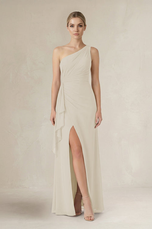 One - Shoulder Sheath Ruched Ruffled Bridesmaid Dress in Dove Gray - KissProm Bridesmaid Dresses
