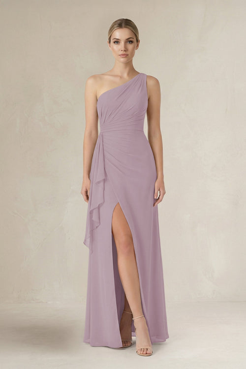 One - Shoulder Sheath Ruched Ruffled Bridesmaid Dress in Dusk - KissProm Bridesmaid Dresses