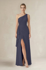 One - Shoulder Sheath Ruched Ruffled Bridesmaid Dress in Dusk Blue - KissProm Bridesmaid Dresses