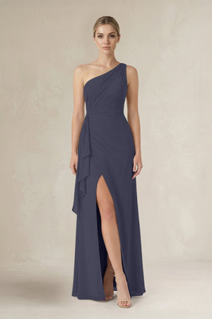 One - Shoulder Sheath Ruched Ruffled Bridesmaid Dress in Dusk Blue - KissProm Bridesmaid Dresses
