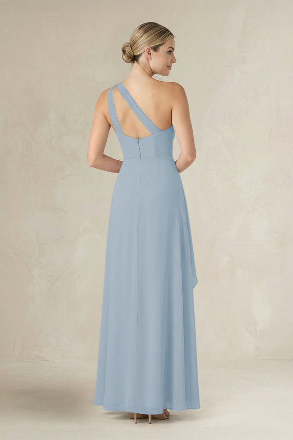 One - Shoulder Sheath Ruched Ruffled Bridesmaid Dress in Dusty Blue - KissProm Bridesmaid Dresses
