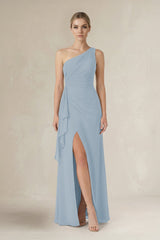 One - Shoulder Sheath Ruched Ruffled Bridesmaid Dress in Dusty Blue - KissProm Bridesmaid Dresses