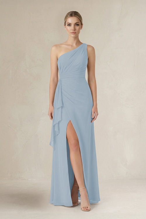 One - Shoulder Sheath Ruched Ruffled Bridesmaid Dress in Dusty Blue - KissProm Bridesmaid Dresses