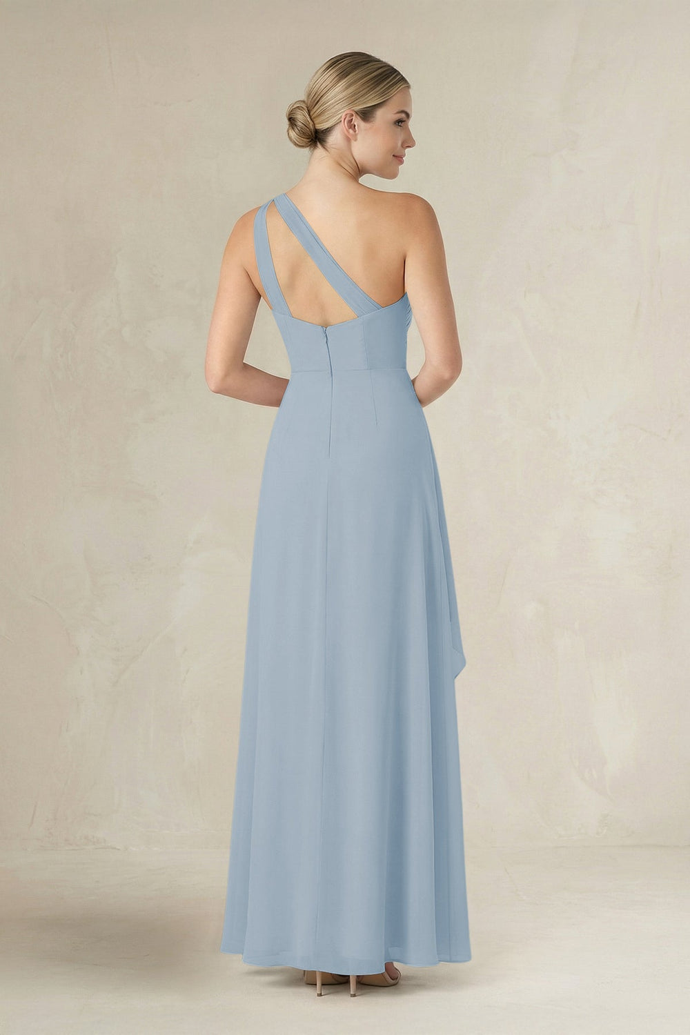 One - Shoulder Sheath Ruched Ruffled Bridesmaid Dress in Dusty Blue - KissProm Bridesmaid Dresses