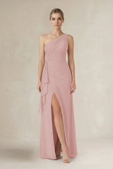 One - Shoulder Sheath Ruched Ruffled Bridesmaid Dress in Dusty Rose - KissProm Bridesmaid Dresses