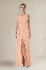 One - Shoulder Sheath Ruched Ruffled Bridesmaid Dress in English Rose - KissProm Bridesmaid Dresses