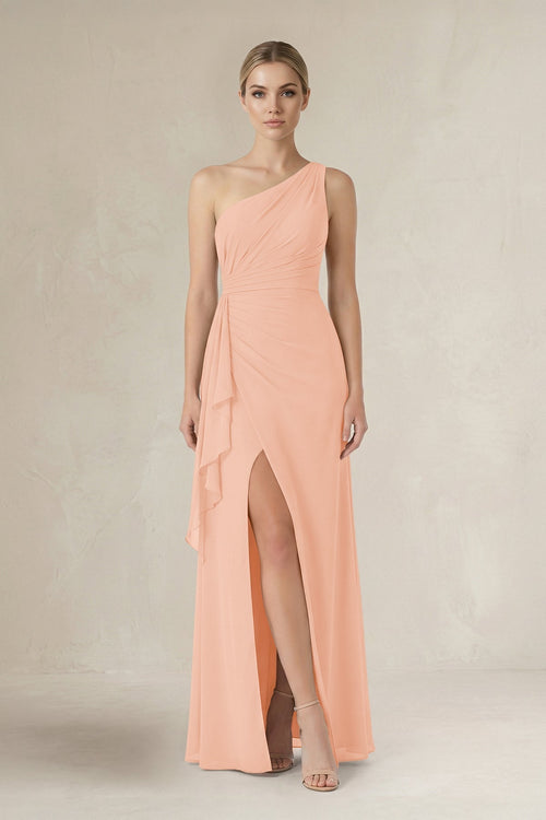 One - Shoulder Sheath Ruched Ruffled Bridesmaid Dress in English Rose - KissProm Bridesmaid Dresses