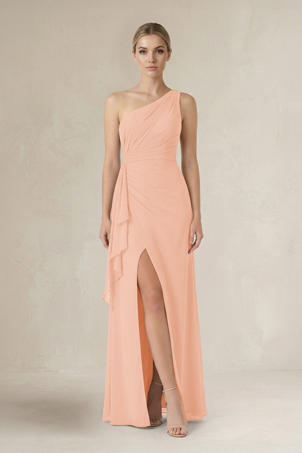 One - Shoulder Sheath Ruched Ruffled Bridesmaid Dress in English Rose - KissProm Bridesmaid Dresses