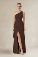 One - Shoulder Sheath Ruched Ruffled Bridesmaid Dress in Espresso - KissProm Bridesmaid Dresses