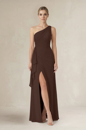 One - Shoulder Sheath Ruched Ruffled Bridesmaid Dress in Espresso - KissProm Bridesmaid Dresses