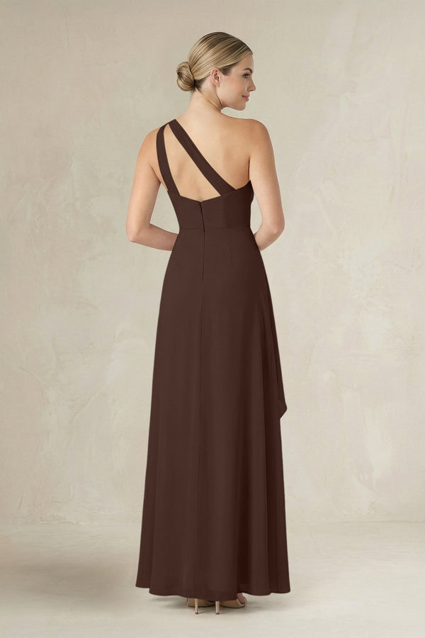 One - Shoulder Sheath Ruched Ruffled Bridesmaid Dress in Espresso - KissProm Bridesmaid Dresses