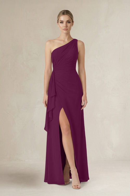 One - Shoulder Sheath Ruched Ruffled Bridesmaid Dress in Fig - KissProm Bridesmaid Dresses