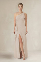 One - Shoulder Sheath Ruched Ruffled Bridesmaid Dress in Frost - KissProm Bridesmaid Dresses