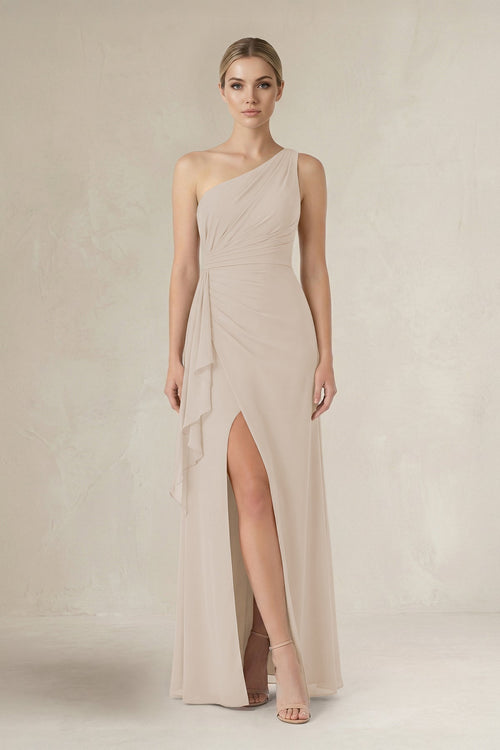 One - Shoulder Sheath Ruched Ruffled Bridesmaid Dress in Frost - KissProm Bridesmaid Dresses