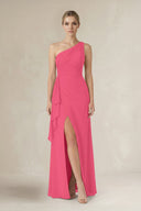 One - Shoulder Sheath Ruched Ruffled Bridesmaid Dress in Fuchsia - KissProm Bridesmaid Dresses