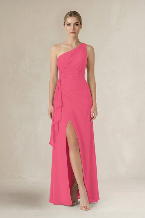 One - Shoulder Sheath Ruched Ruffled Bridesmaid Dress in Fuchsia - KissProm Bridesmaid Dresses