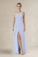 One - Shoulder Sheath Ruched Ruffled Bridesmaid Dress in Ice - KissProm Bridesmaid Dresses