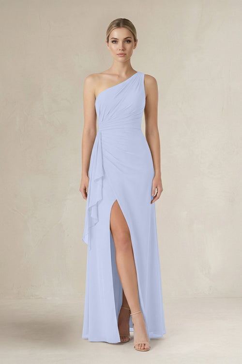 One - Shoulder Sheath Ruched Ruffled Bridesmaid Dress in Ice - KissProm Bridesmaid Dresses