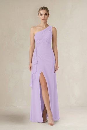One - Shoulder Sheath Ruched Ruffled Bridesmaid Dress in Lavender - KissProm Bridesmaid Dresses