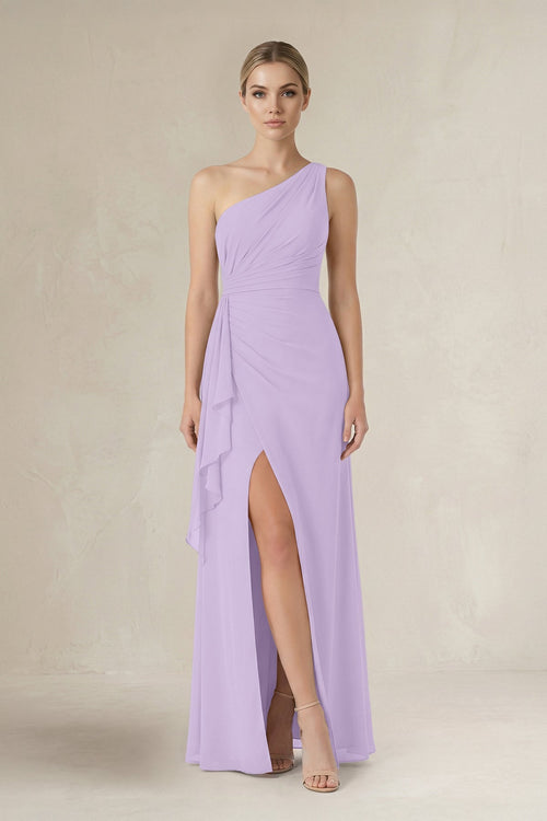 One - Shoulder Sheath Ruched Ruffled Bridesmaid Dress in Lavender - KissProm Bridesmaid Dresses