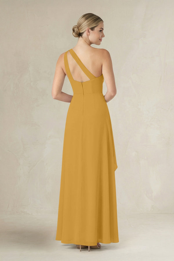 One - Shoulder Sheath Ruched Ruffled Bridesmaid Dress in Marigold - KissProm Bridesmaid Dresses