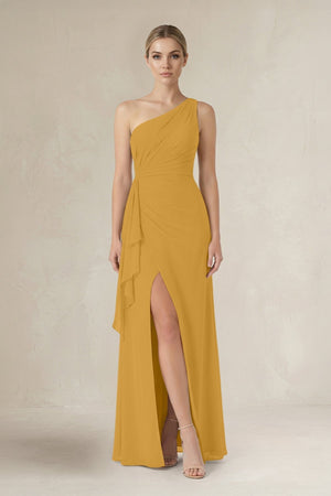 One - Shoulder Sheath Ruched Ruffled Bridesmaid Dress in Marigold - KissProm Bridesmaid Dresses