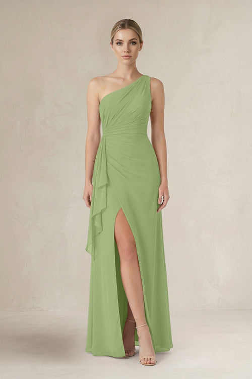One - Shoulder Sheath Ruched Ruffled Bridesmaid Dress in Matcha - KissProm Bridesmaid Dresses