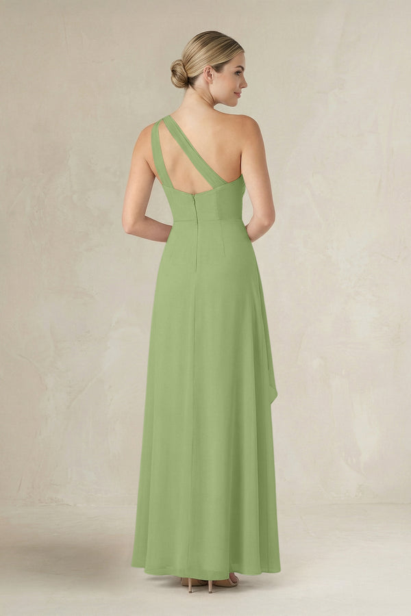 One - Shoulder Sheath Ruched Ruffled Bridesmaid Dress in Matcha - KissProm Bridesmaid Dresses