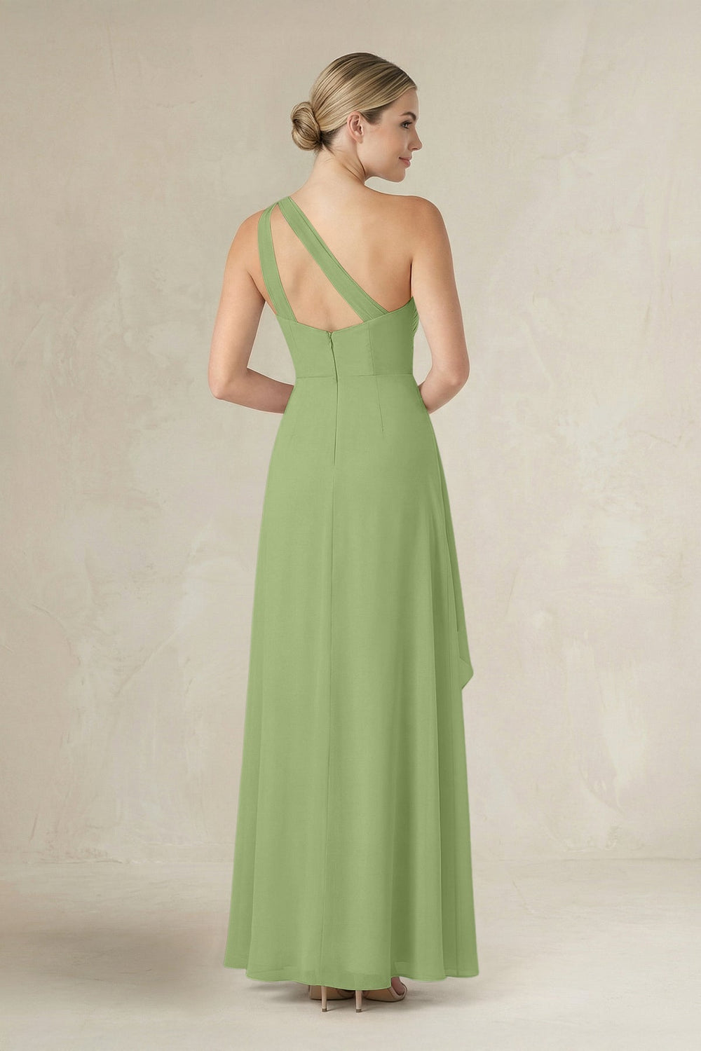 One - Shoulder Sheath Ruched Ruffled Bridesmaid Dress in Matcha - KissProm Bridesmaid Dresses