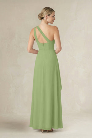 One - Shoulder Sheath Ruched Ruffled Bridesmaid Dress in Matcha - KissProm Bridesmaid Dresses